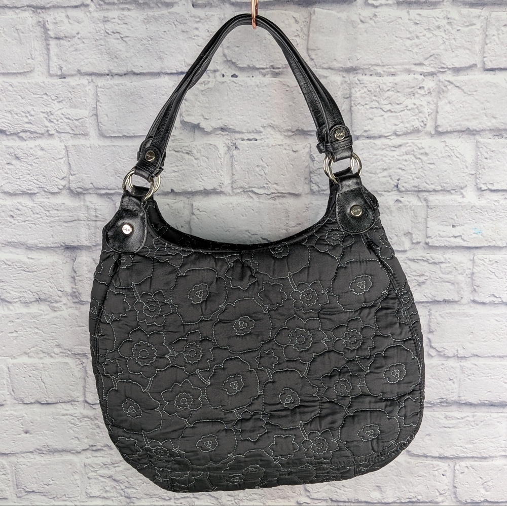 Thirty-One 31 Quilted Black Floral Triple Compartment Large Satchel Bag Purse